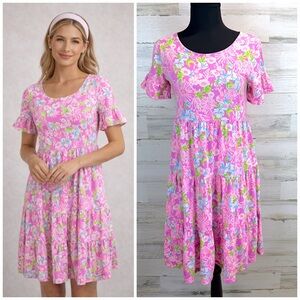 Lilly Pulitzer Jodee Swing Dress XS Pink Floral Tiered Ruffle Coastal Preppy